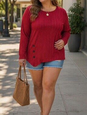 NWT Papillon Blanc Plus Size Red Textured Knit Sweater | Long Sleeve Crewneck